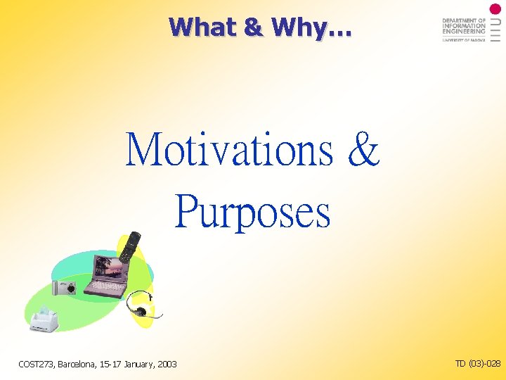 What & Why… Motivations & Purposes COST 273, Barcelona, 15 -17 January, 2003 TD