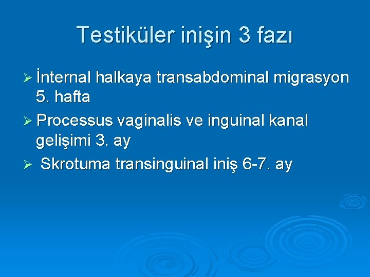 Testiküler inişin 3 fazı Ø İnternal halkaya transabdominal migrasyon 5. hafta Ø Processus vaginalis