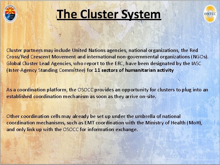 The Cluster System Cluster partners may include United Nations agencies, national organizations, the Red