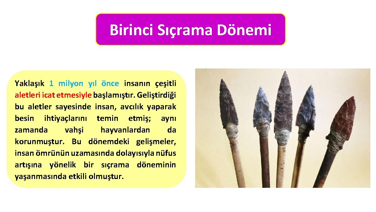 Birinci Sıçrama Dönemi Yaklaşık 1 milyon yıl önce insanın çeşitli aletleri icat etmesiyle başlamıştır.