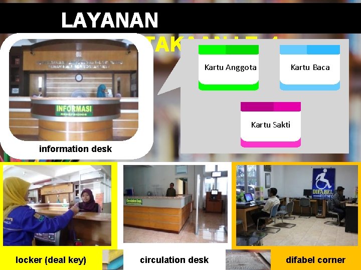 LAYANAN PERPUSTAKAAN LT. 1 Kartu Anggota Kartu Baca Kartu Sakti information desk locker (deal