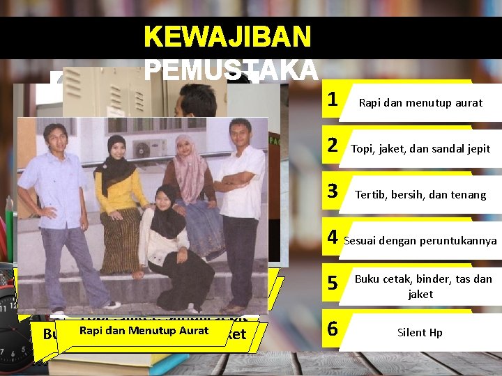 KEWAJIBAN PEMUSTAKA 1 Rapi dan menutup aurat 2 Topi, jaket, dan sandal jepit 3