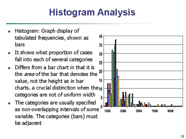 Histogram Analysis n n Histogram: Graph display of tabulated frequencies, shown as bars It