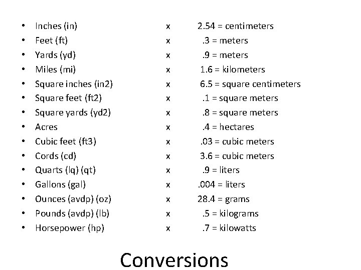  • • • • Inches (in) Feet (ft) Yards (yd) Miles (mi) Square