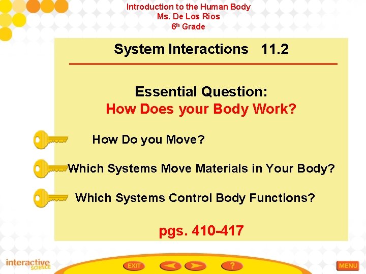 Introduction to the Human Body Ms. De Los Rios 6 h Grade System Interactions
