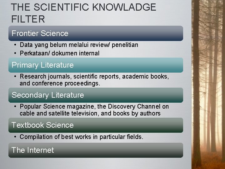 THE SCIENTIFIC KNOWLADGE FILTER Frontier Science • Data yang belum melalui review/ penelitian •