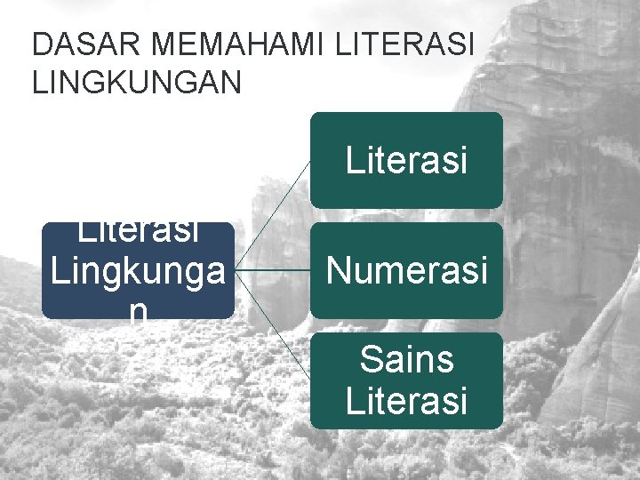 DASAR MEMAHAMI LITERASI LINGKUNGAN Literasi Lingkunga n Numerasi Sains Literasi 