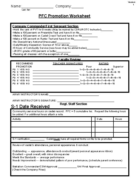 Version 1 Name: ________ Company: ______ Last, first PFC Promotion Worksheet Company Commander/First Sergeant