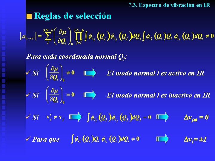 7. 3. Espectro de vibración en IR Reglas de selección Para cada coordenada normal