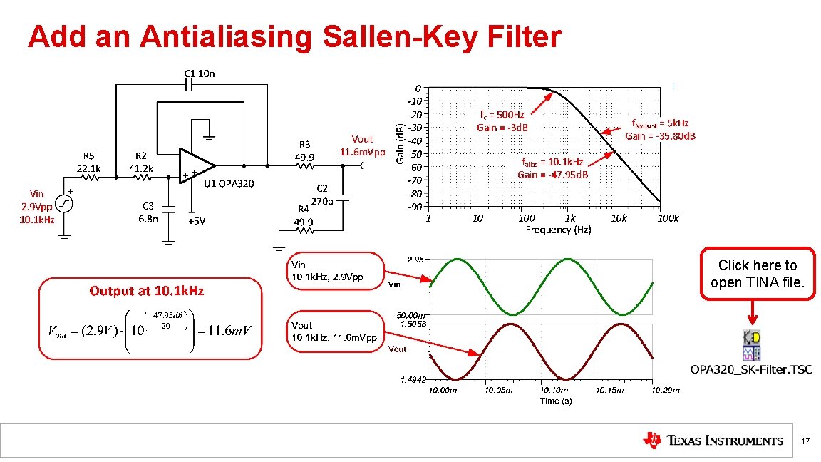 Add an Antialiasing Sallen-Key Filter Click here to open TINA file. 17 