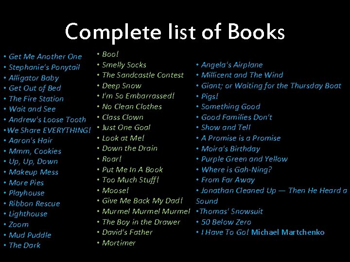 Complete list of Books • Get Me Another One • Stephanie's Ponytail • Alligator