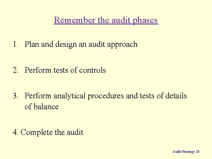 Remember the audit phases 1. Plan and design an audit approach 2. Perform tests