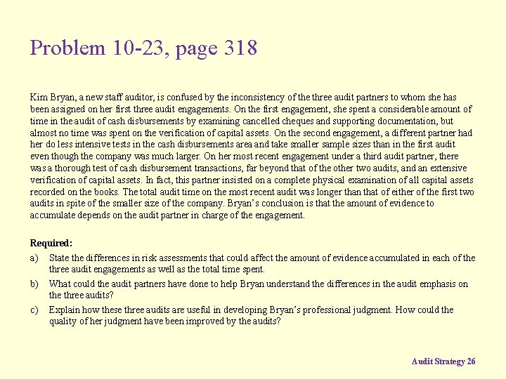 Problem 10 -23, page 318 Kim Bryan, a new staff auditor, is confused by