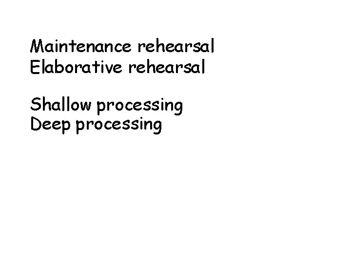 Maintenance rehearsal Elaborative rehearsal Shallow processing Deep processing Maintenance rehearsal Elaborative rehearsal Shallow processing Deep processing