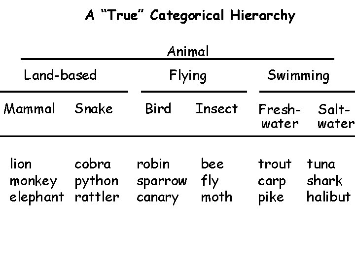 A “True” Categorical Hierarchy Animal Land-based Mammal Snake lion cobra monkey python elephant rattler A “True” Categorical Hierarchy Animal Land-based Mammal Snake lion cobra monkey python elephant rattler