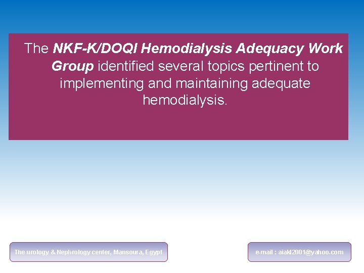 The NKF-K/DOQI Hemodialysis Adequacy Work Group identified several topics pertinent to implementing and maintaining