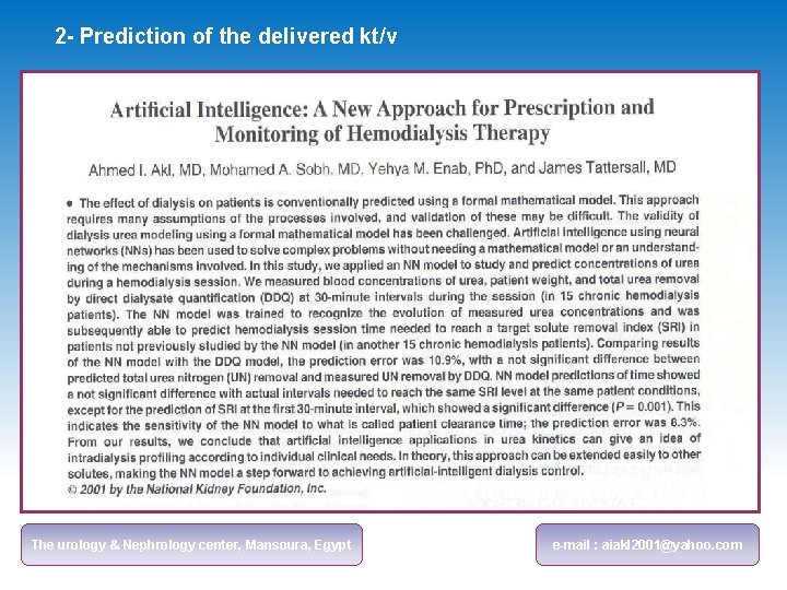 2 - Prediction of the delivered kt/v The urology & Nephrology center, Mansoura, Egypt