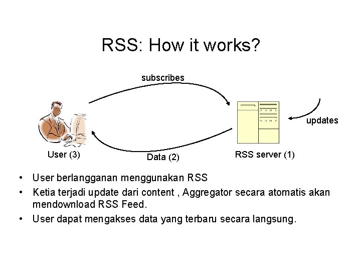 RSS: How it works? subscribes updates User (3) Data (2) RSS server (1) •