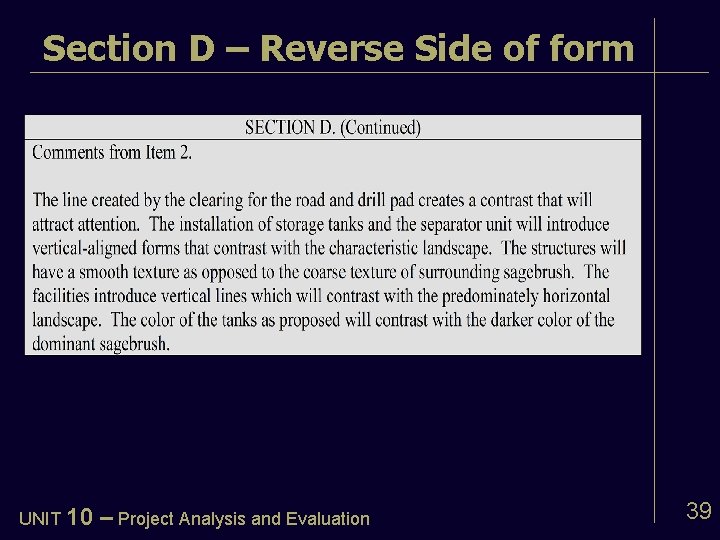 Section D – Reverse Side of form UNIT 10 – Project Analysis and Evaluation