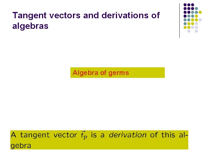 Tangent vectors and derivations of algebras Algebra of germs 