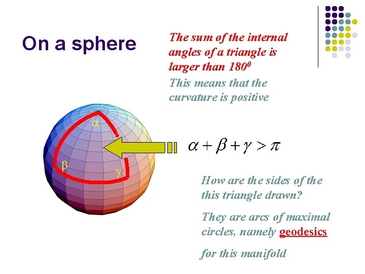 On a sphere The sum of the internal angles of a triangle is larger