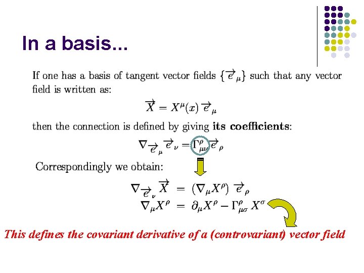 In a basis. . . This defines the covariant derivative of a (controvariant) vector