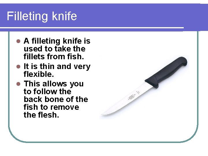 Filleting knife A filleting knife is used to take the fillets from fish. l