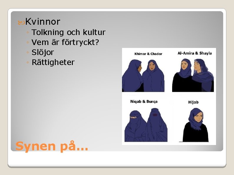  Kvinnor ◦ Tolkning och kultur ◦ Vem är förtryckt? ◦ Slöjor ◦ Rättigheter