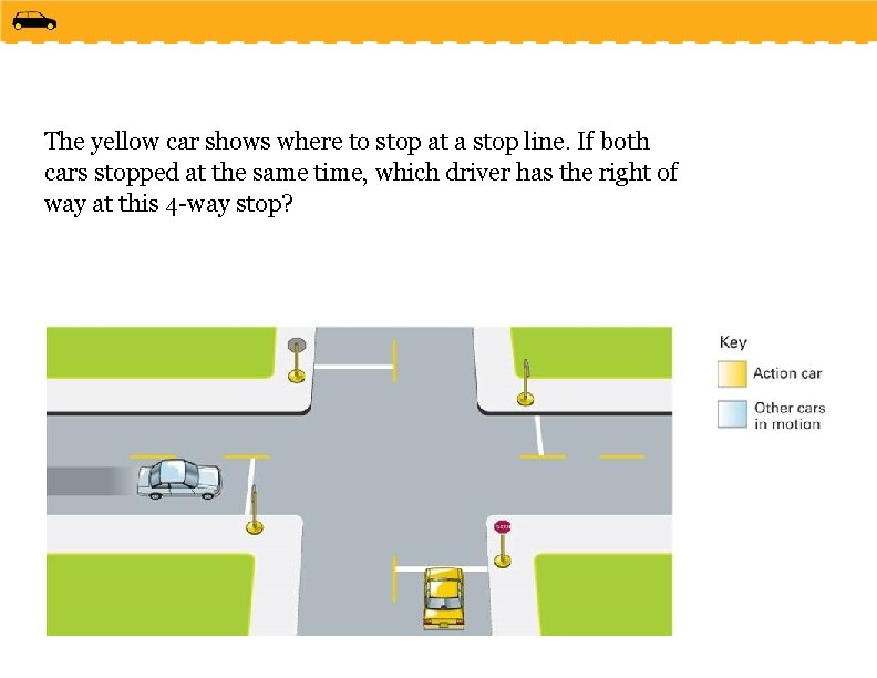 The yellow car shows where to stop at a stop line. If both cars