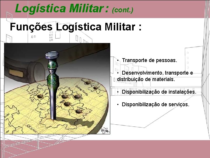 Logística Militar : (cont. ) Funções Logística Militar : • Transporte de pessoas. • Logística Militar : (cont. ) Funções Logística Militar : • Transporte de pessoas. •