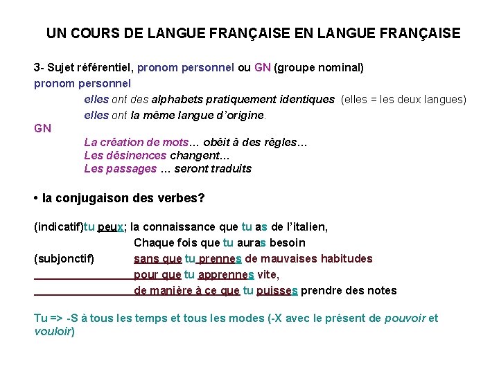 UN COURS DE LANGUE FRANÇAISE EN LANGUE FRANÇAISE 3 - Sujet référentiel, pronom personnel