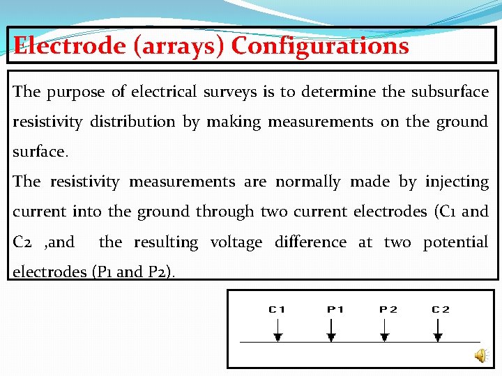 Electrode (arrays) Configurations The purpose of electrical surveys is to determine the subsurface resistivity Electrode (arrays) Configurations The purpose of electrical surveys is to determine the subsurface resistivity