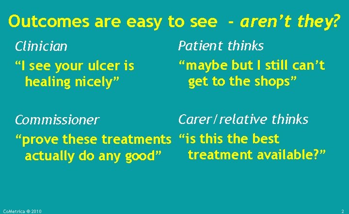 Outcomes are easy to see - aren’t they? Clinician “I see your ulcer is