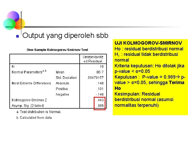 n Output yang diperoleh sbb UJI KOLMOGOROV-SMIRNOV Ho : residual berdistribusi normal H 1