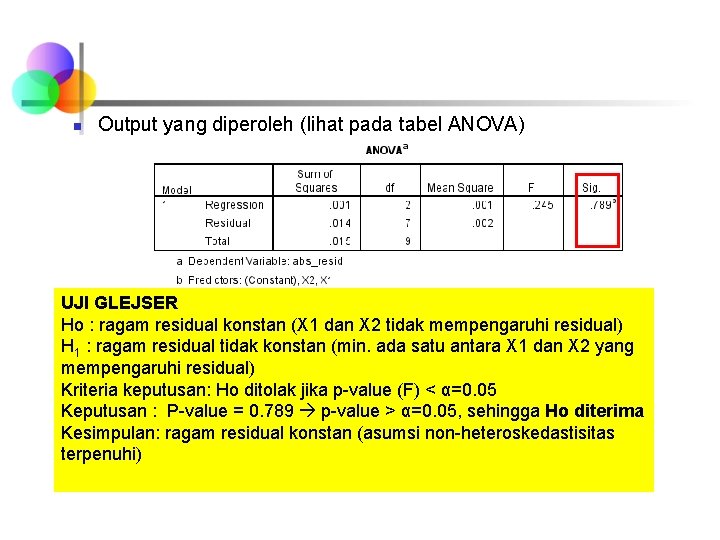 n Output yang diperoleh (lihat pada tabel ANOVA) UJI GLEJSER Ho : ragam residual