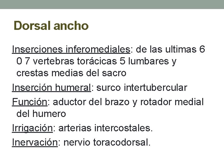 Dorsal ancho Inserciones inferomediales: de las ultimas 6 0 7 vertebras torácicas 5 lumbares