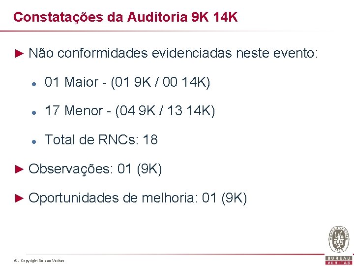 Constatações da Auditoria 9 K 14 K ► Não conformidades evidenciadas neste evento: l