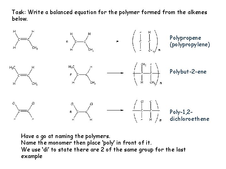 Task: Write a balanced equation for the polymer formed from the alkenes below. Polypropene