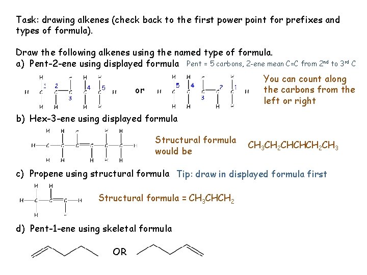 Task: drawing alkenes (check back to the first power point for prefixes and types