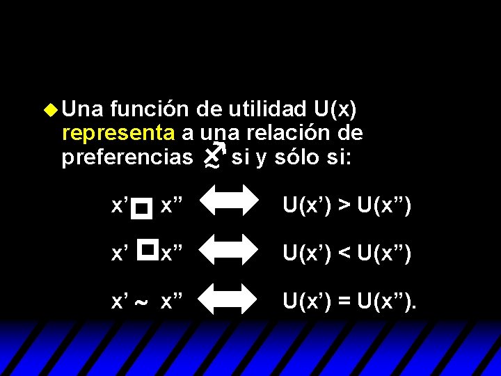 u Una función de utilidad U(x) representa a una relación de preferencias f si u Una función de utilidad U(x) representa a una relación de preferencias f si