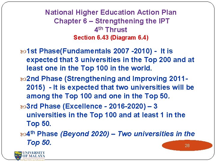 National Higher Education Action Plan Chapter 6 – Strengthening the IPT 4 th Thrust