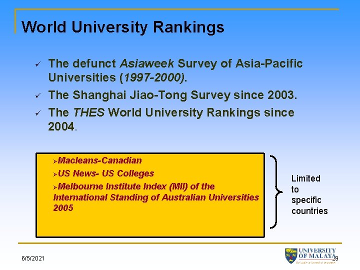 World University Rankings ü ü ü The defunct Asiaweek Survey of Asia-Pacific Universities (1997