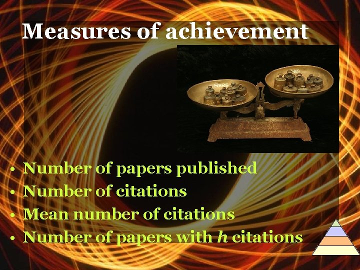Measures of achievement • • Number of papers published Number of citations Mean number