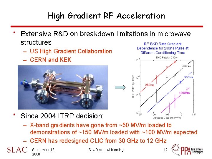 High Gradient RF Acceleration * Extensive R&D on breakdown limitations in microwave structures –