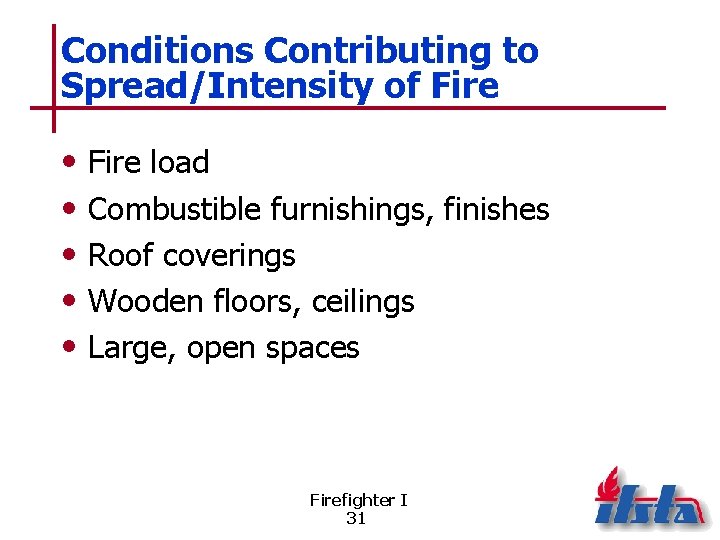 Conditions Contributing to Spread/Intensity of Fire • • • Fire load Combustible furnishings, finishes