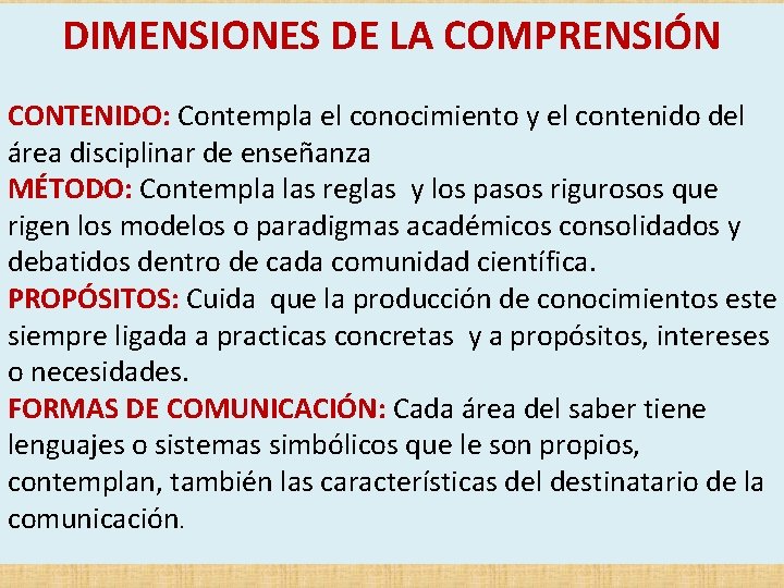 DIMENSIONES DE LA COMPRENSIÓN CONTENIDO: Contempla el conocimiento y el contenido del área disciplinar