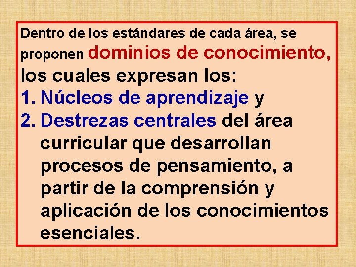 Dentro de los estándares de cada área, se proponen dominios de conocimiento, los cuales