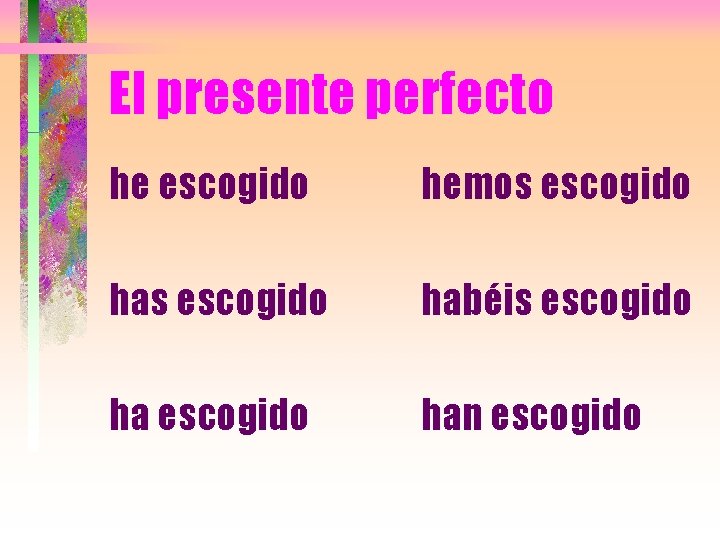 El presente perfecto he escogido hemos escogido habéis escogido han escogido El presente perfecto he escogido hemos escogido habéis escogido han escogido