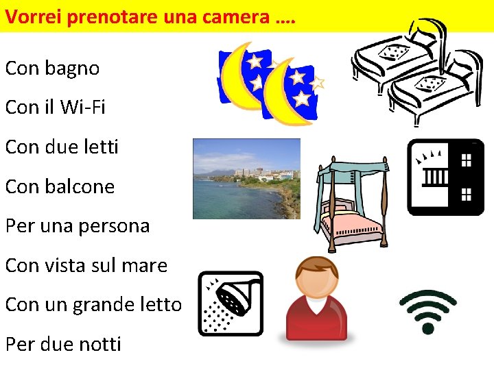 Vorrei prenotare una camera …. Con bagno Con il Wi-Fi Con due letti Con