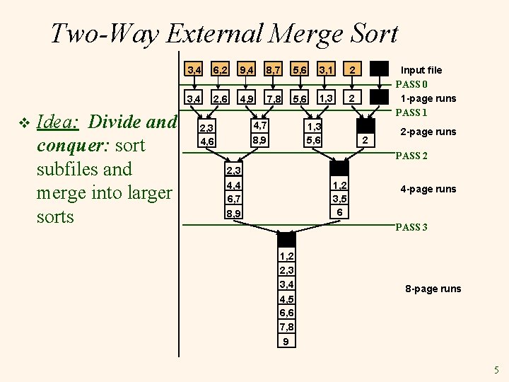 Two-Way External Merge Sort v Idea: Divide and conquer: sort subfiles and merge into